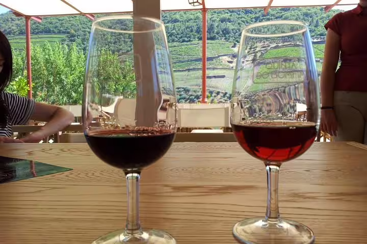 Two glasses of red wine on a wooden table overlooking the lush vineyards of Douro Valley during a wine tasting tour.