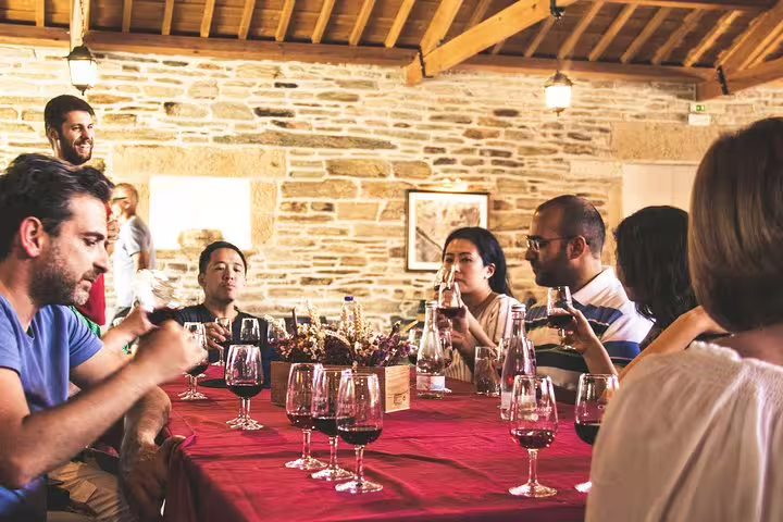 Group of people enjoying a wine tasting session inside a rustic stone winery in the Douro Valley.