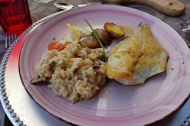 Gourmet lunch plate with fish, risotto, and potatoes served during Douro Valley wine tour.