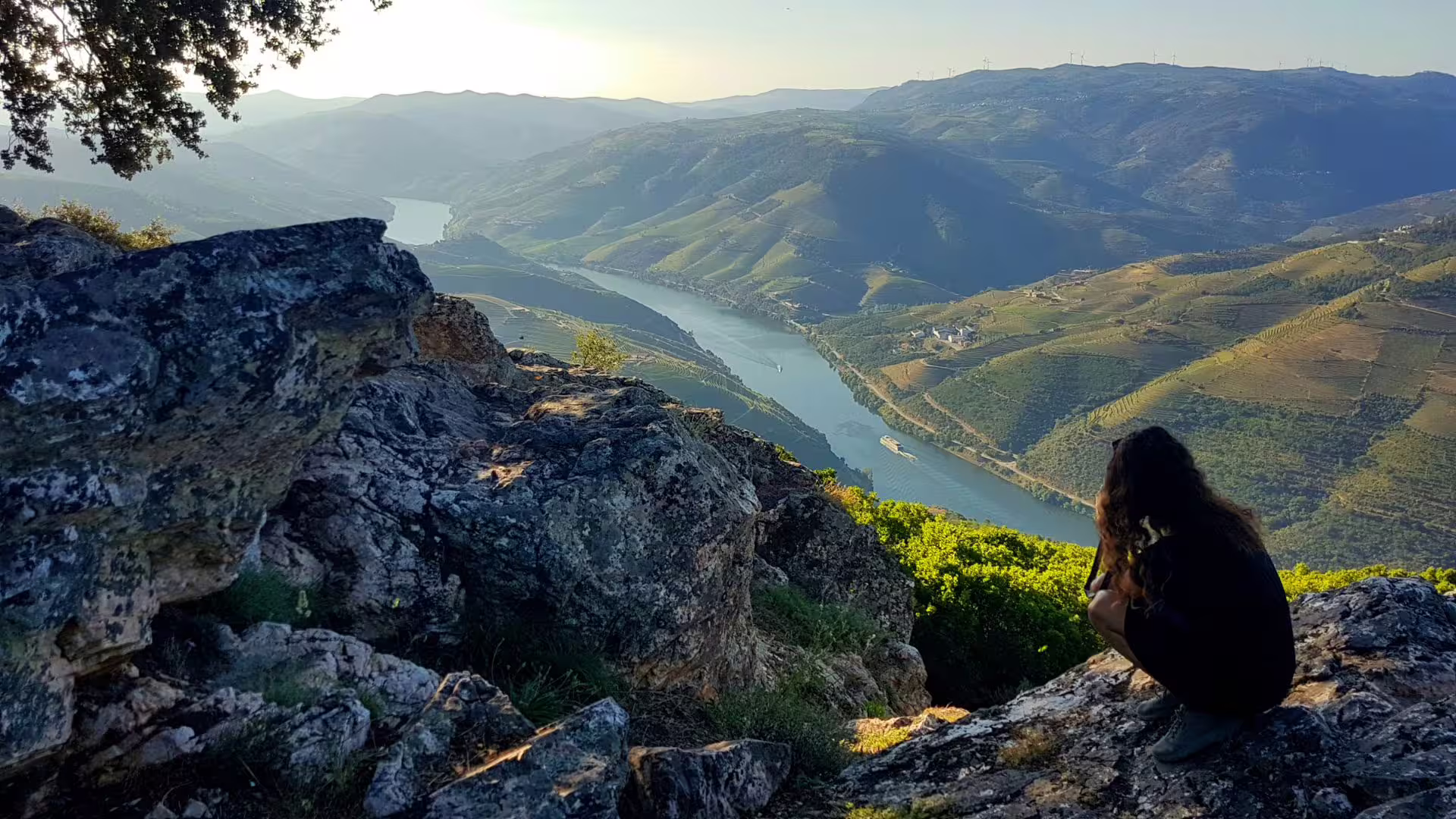Traveler enjoying panoramic view of Douro Valley's lush vineyards and river, perfect for premium wine tour experiences.