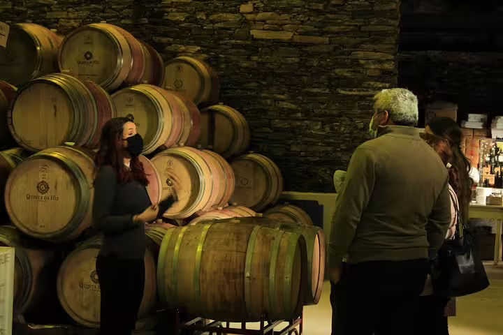 Visitors exploring wine barrels in a Douro Valley winery cellar, a key stop on the private Porto tour.