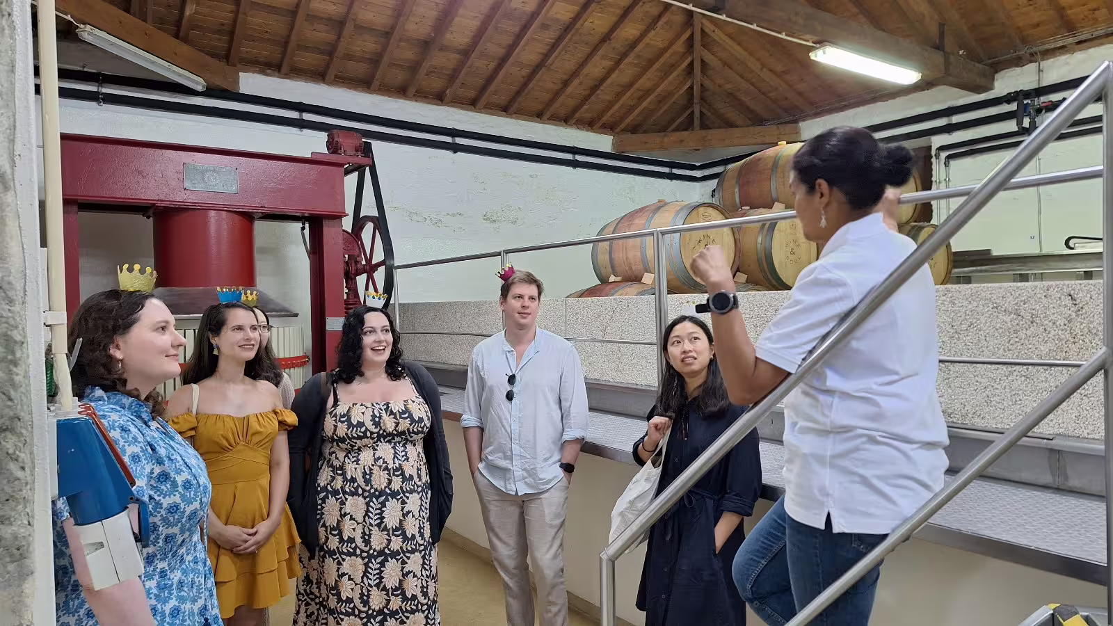 Visitors enjoy a guided tour of a Douro Valley winery, exploring traditional wine-making processes and oak barrels.
