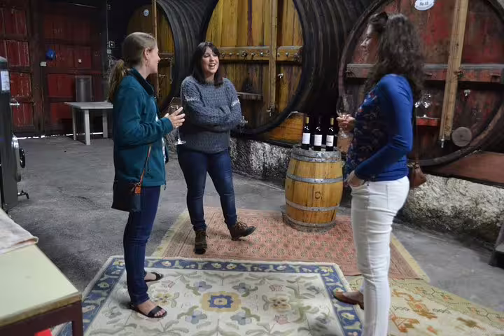 Women sharing wine and conversation in a traditional Douro Valley winery.