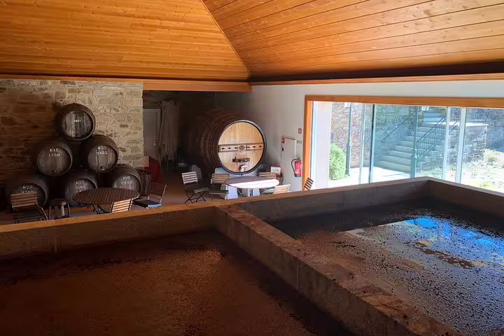 Interior of a Douro Valley winery with large wooden barrels and a cozy seating area, showcasing traditional wine-making.