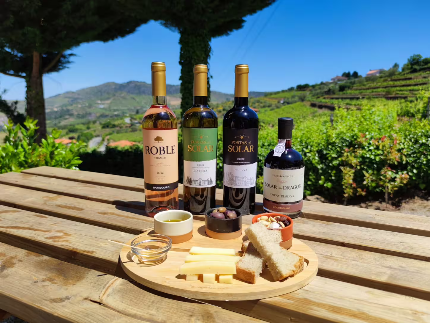 Selection of Douro Valley wines with cheese and bread on a wooden table overlooking vineyards.