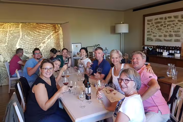Group of friends enjoying a wine tasting session indoors with glasses of Douro wine and friendly smiles.