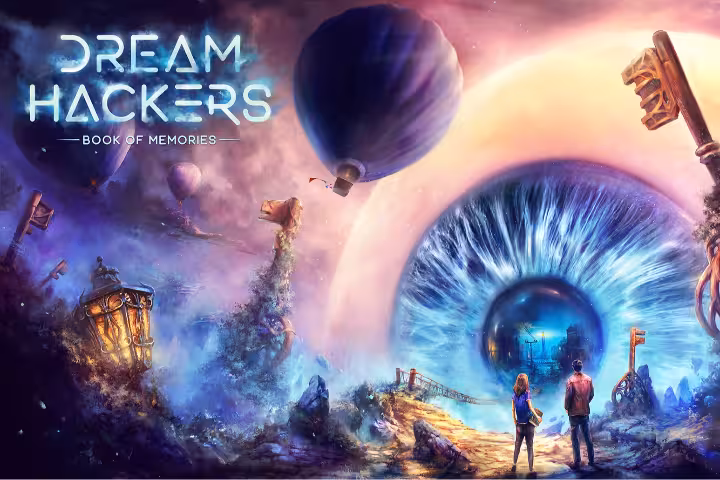 Dream Hackers: Book of Memories poster with surreal giant eye, floating keys and balloons, fantasy adventure