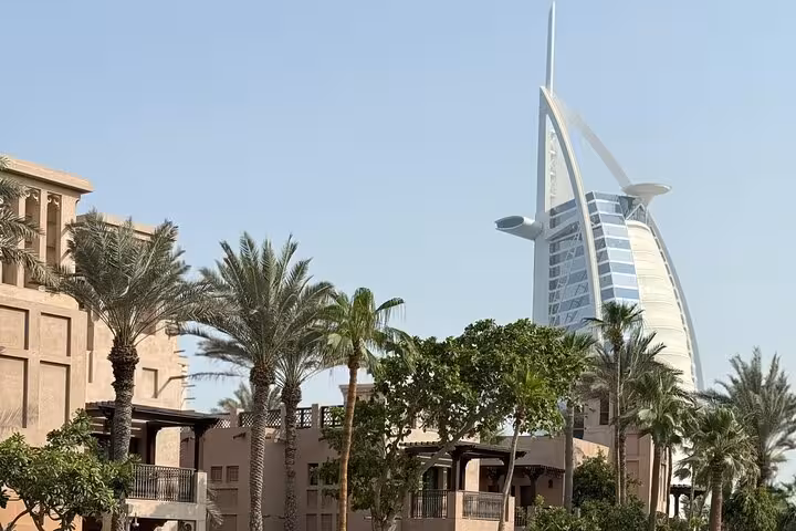 Burj Al Arab view from Madinat Jumeirah on Dubai city tour with Ain Dubai entrance tickets