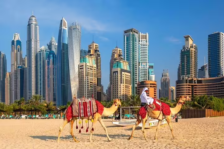 Camel ride on Dubai beach with Marina skyline, part of a private full-day customizable sightseeing tour experience