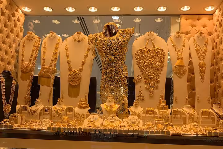 Gold jewelry display at Dubai Gold Souk, a highlight on Dubai city tour with Ain Dubai entrance ticket
