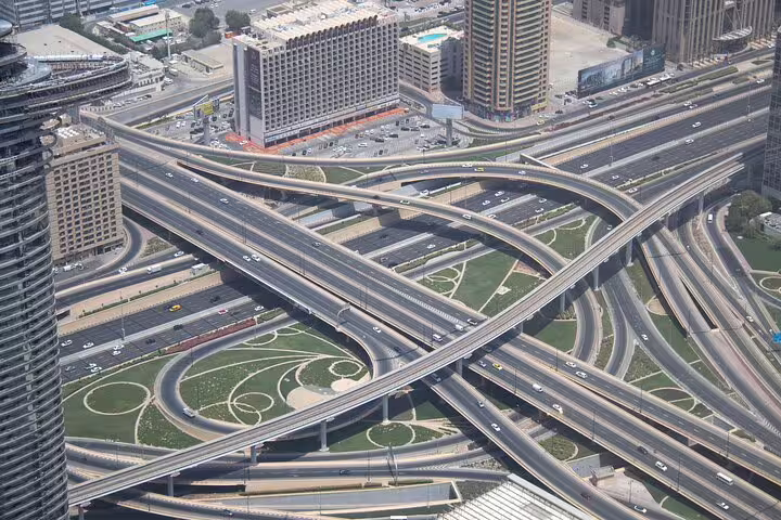 Aerial view of Dubai highway interchange, a key stop on a private Dubai layover city highlights tour