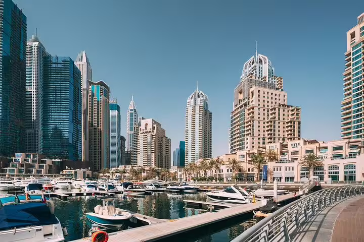 Dubai Marina skyline and yacht harbor on a private full-day customizable sightseeing tour with waterfront walk