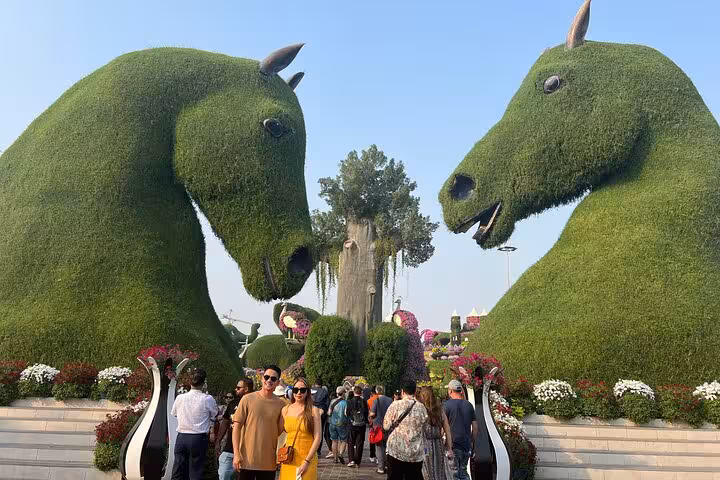 Dubai Miracle Garden giant green horse topiaries at entrance on private tour with hotel pickup