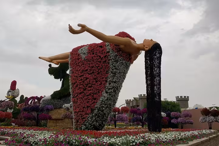 Dubai Miracle Garden floating lady floral sculpture and flower beds on private tour with pick up