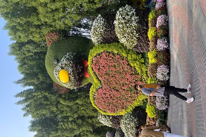Dubai Miracle Garden floral bird sculpture and heart-shaped blooms on private tour with pickup included