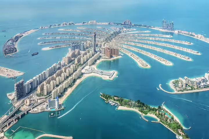 Aerial view of Palm Jumeirah on a private full-day customizable Dubai sightseeing tour with photo stops