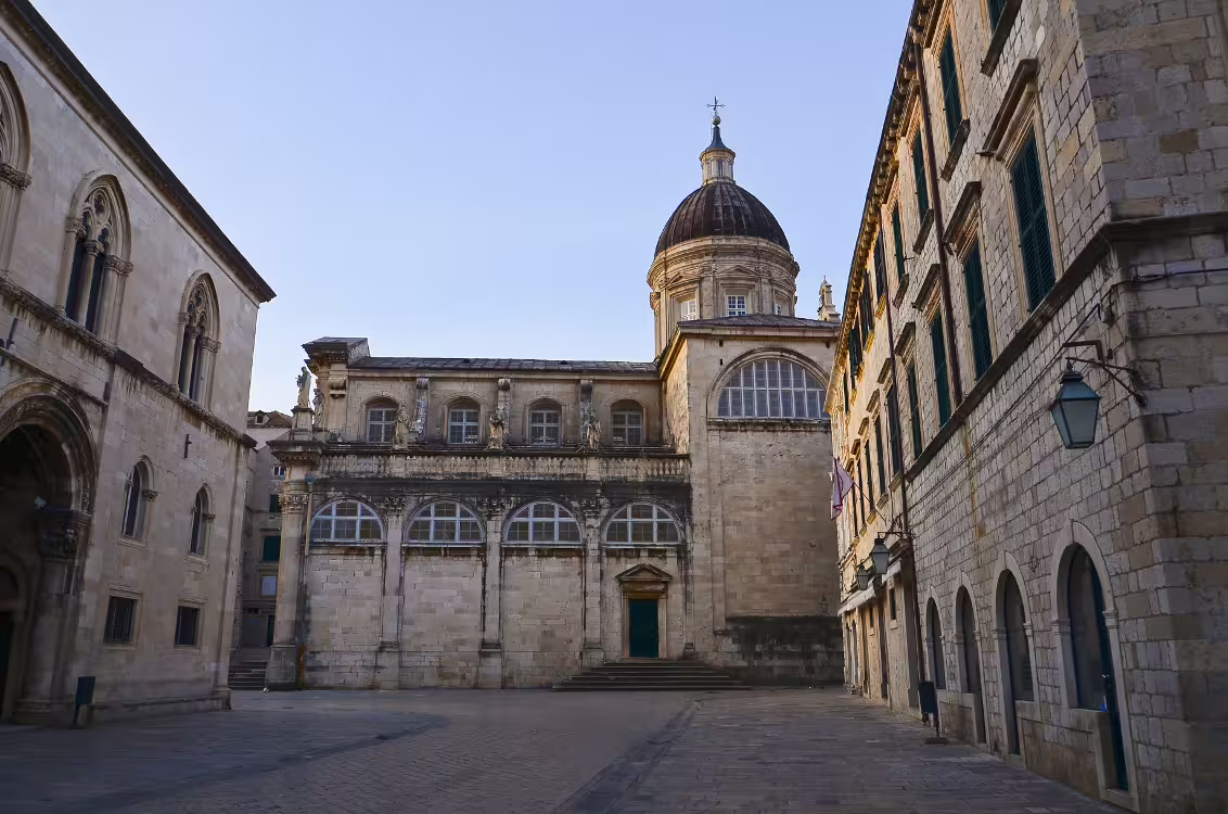 Dubrovnik Cathedral dome and historic Old Town square, Croatia, on a private city break sightseeing tour
