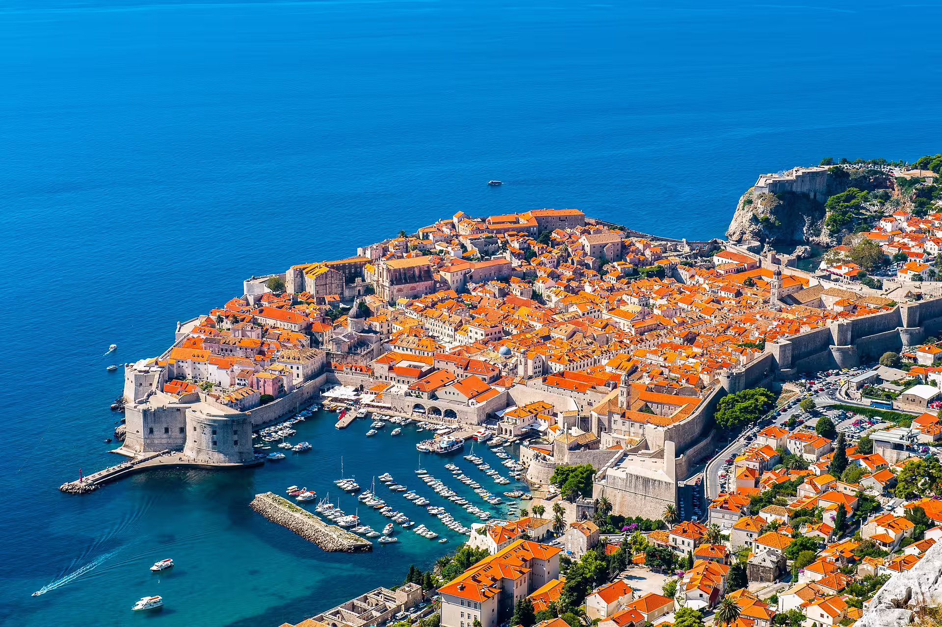 Panoramic Dubrovnik Old Town and city walls above the Adriatic, must-see on Dalmatian Coast self-drive itinerary