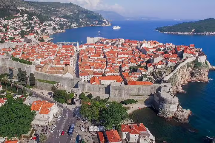 Aerial view of Dubrovnik Old Town and city walls, iconic Game of Thrones filming location on a private tour