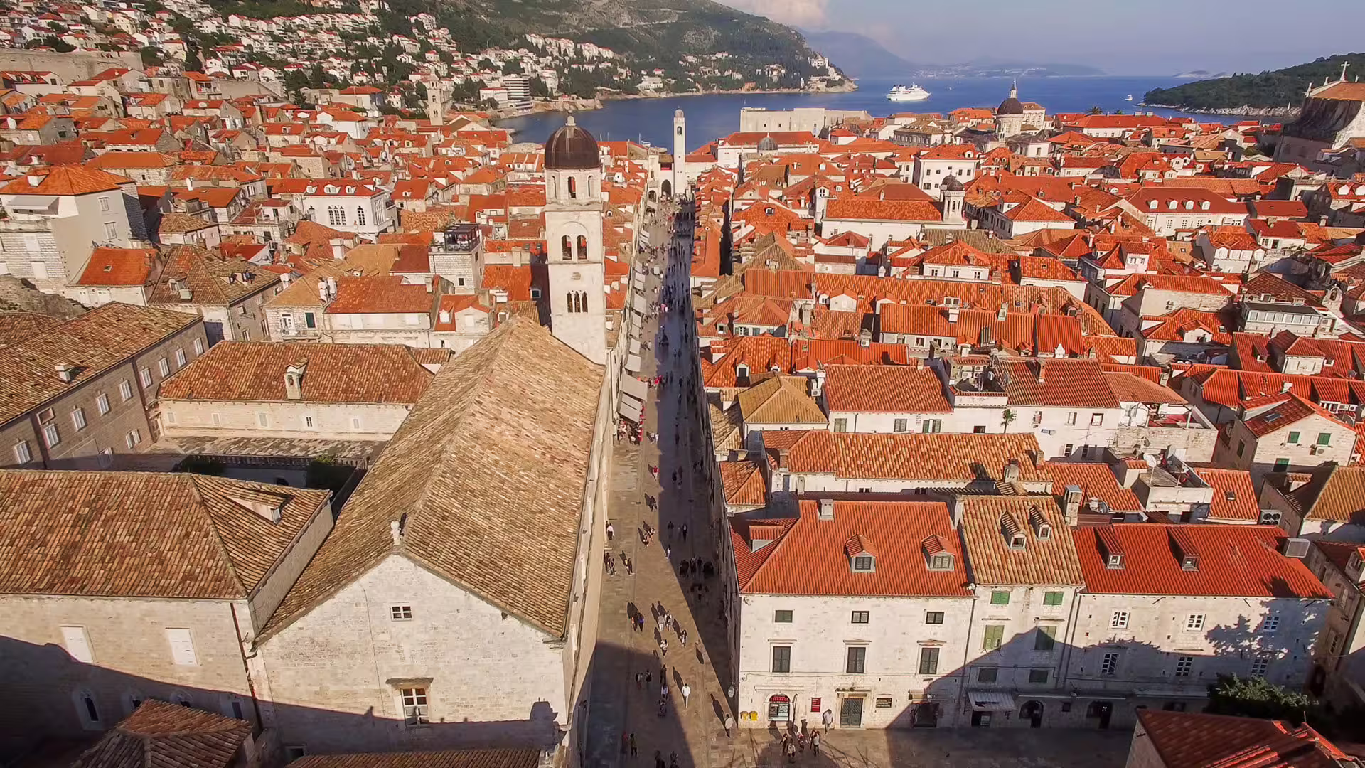Dubrovnik Old Town Stradun and red rooftops viewed from above on a Sunset Panoramic Drive tour