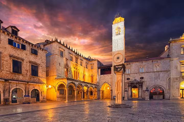 Stradun and Dubrovnik Clock Tower at sunset in Old Town, must-see on The BEST of Croatia 8-day private tour