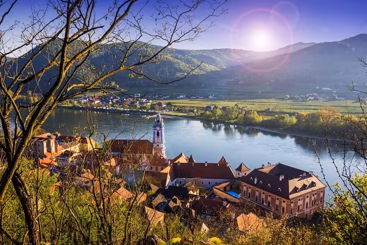 Dürnstein village and Danube River viewpoint at sunset in the Wachau Valley, Vienna small-group day trip