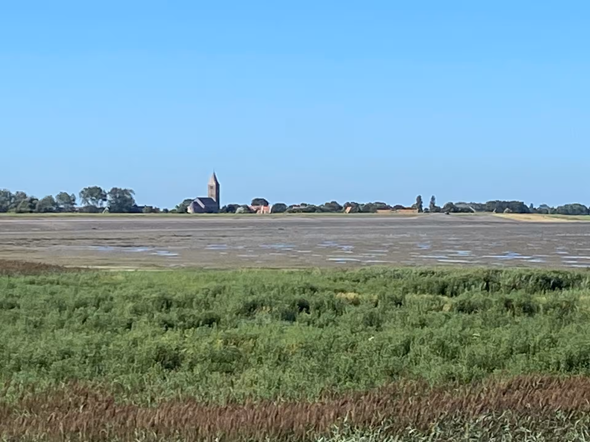 Panoramic Dutch polder and tidal flats with church tower, scenic dike views on private tour from The Hague