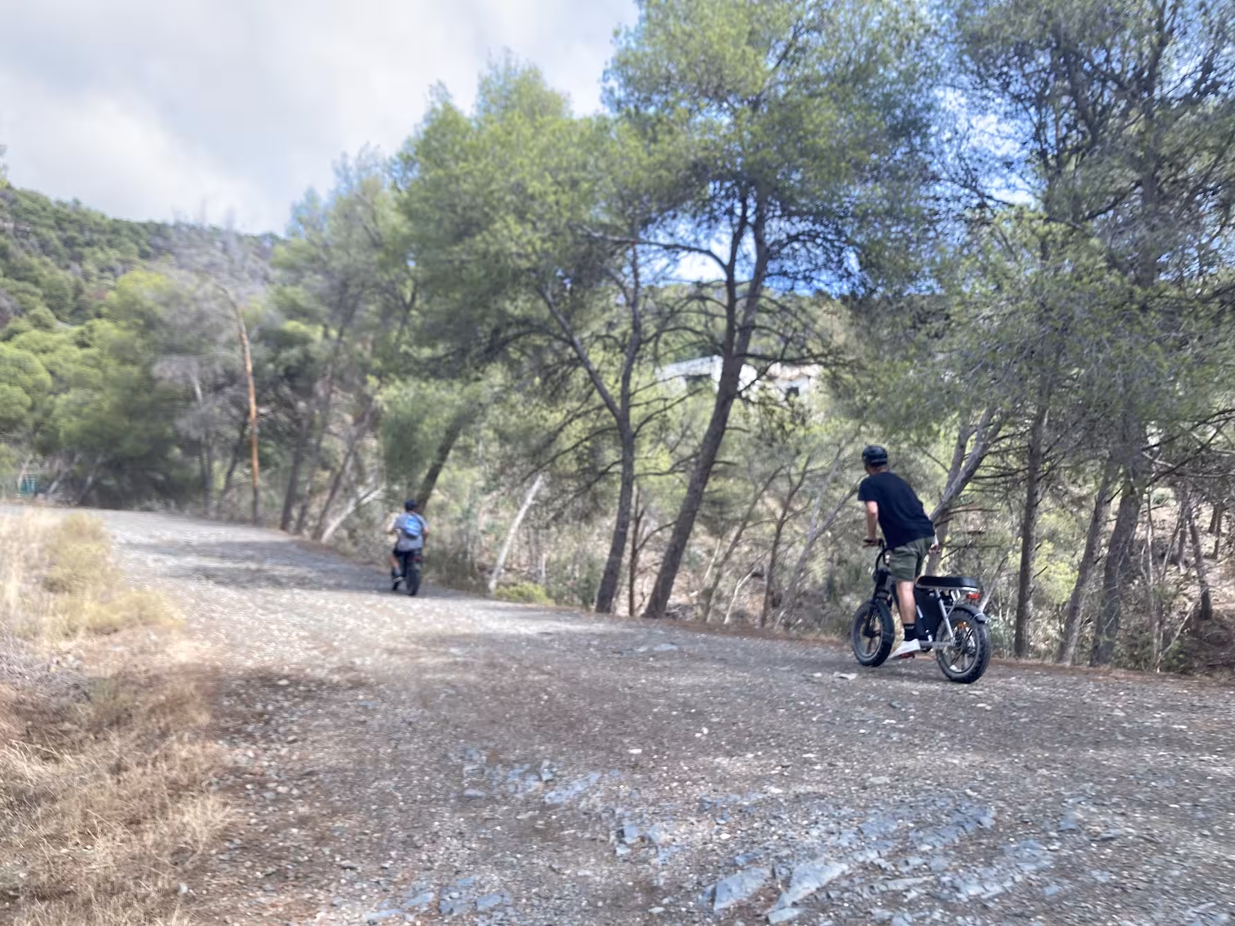 Two riders on e-fat bikes cruising a forest gravel trail, great for 4-hour rental exploring scenic coastal routes