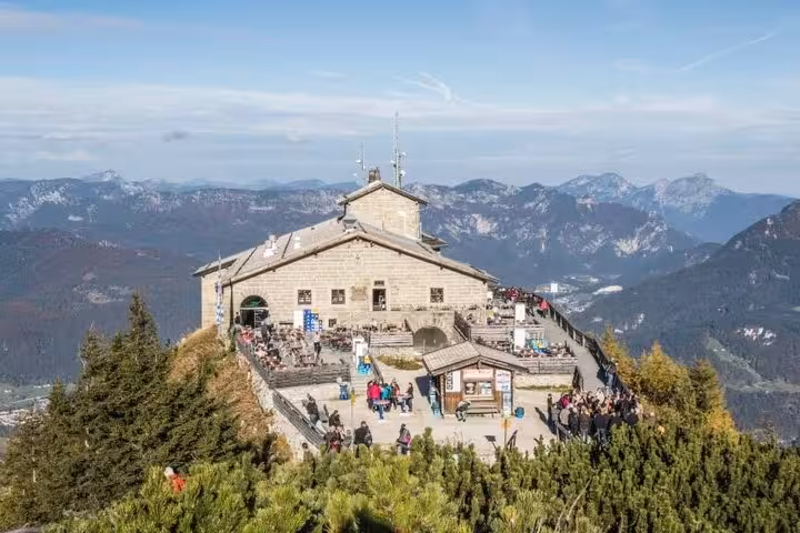 Eagle’s Nest summit terrace with panoramic Bavarian Alps views, private day trip from Munich to Kehlsteinhaus