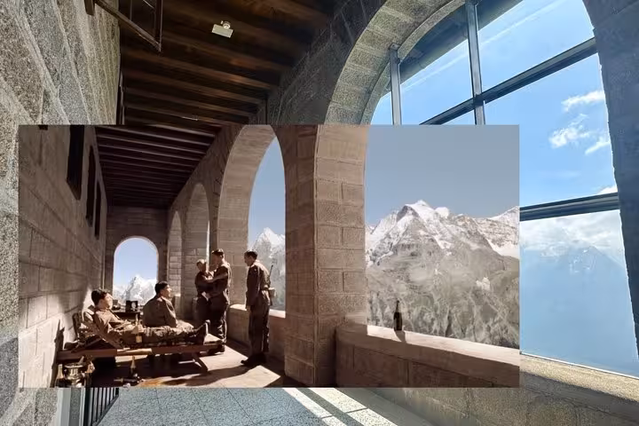 Eagles Nest terrace arches overlooking Bavarian Alps, highlight of private Munich day trip to Werfen Castle