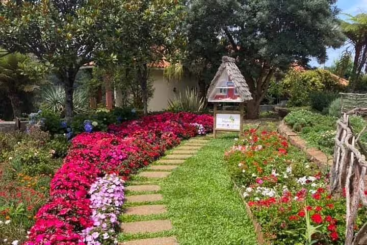 Lush garden pathway leading to a traditional Santana house on a full day east Madeira tour with scenic views.