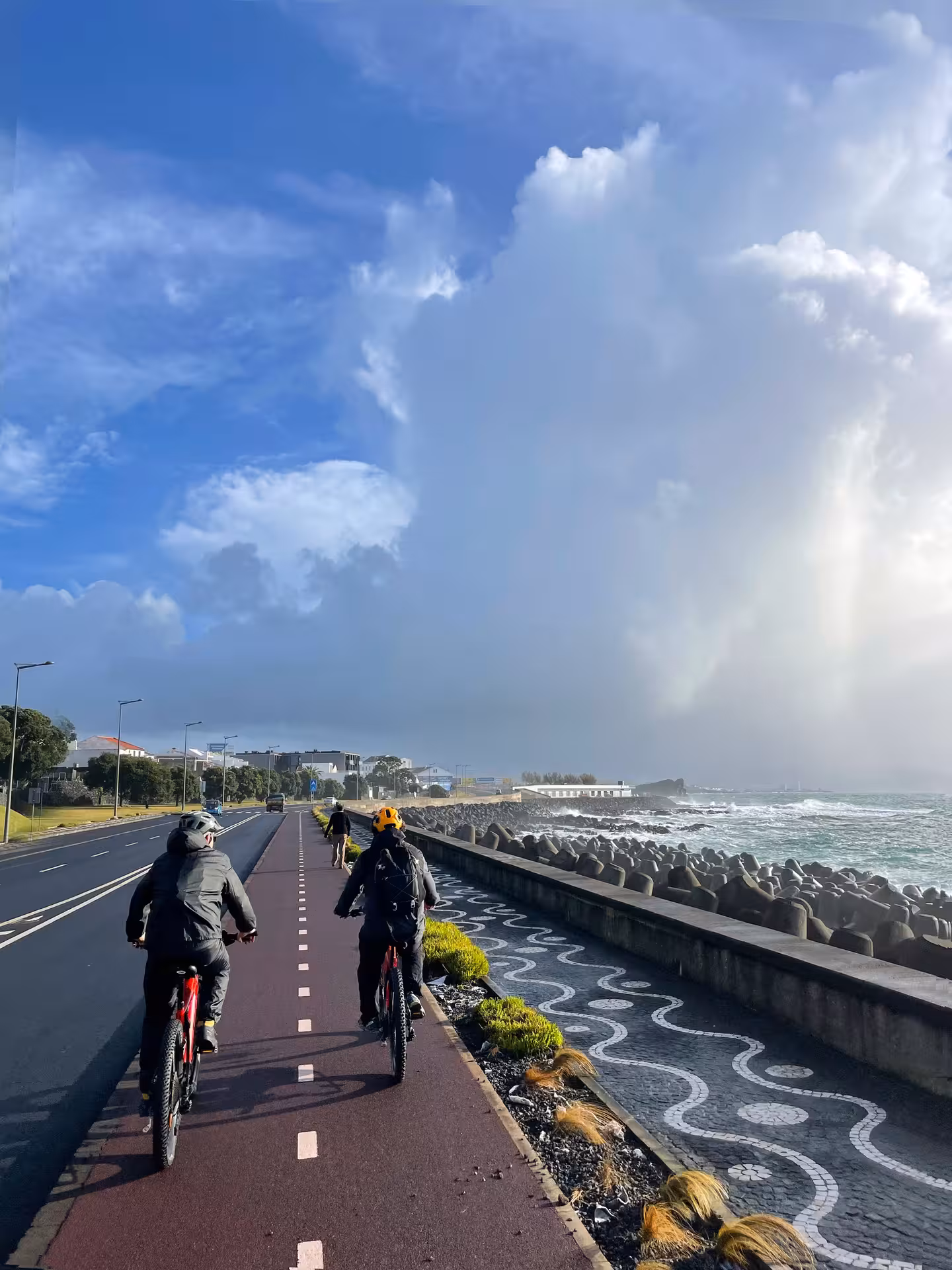Small group on an e-bike guided city tour rides a coastal cycle path beside the ocean under dramatic blue skies and clouds