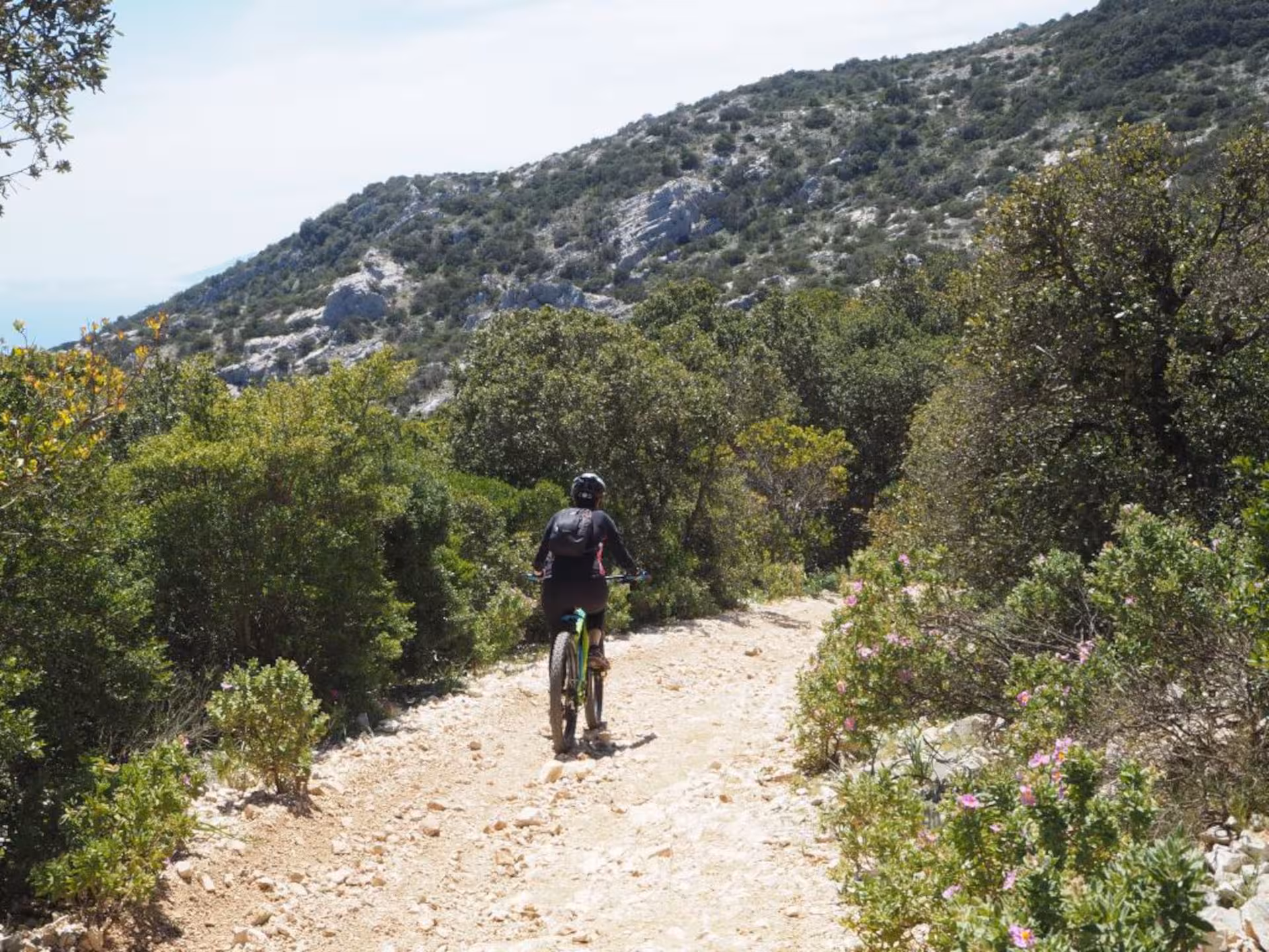 Cyclist on an e-bike exploring a rugged scenic trail in Sardinia's lush countryside near Olbia.