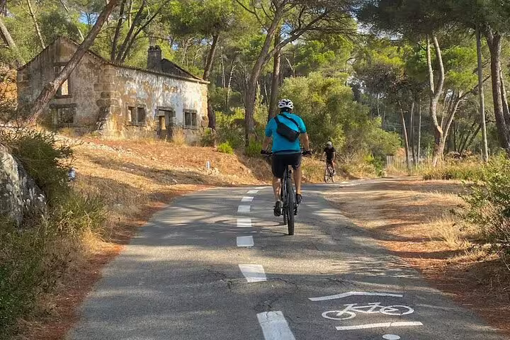 E-bike riders navigating scenic forest trails in the Sintra Mountains, passing rustic stone houses and lush nature.