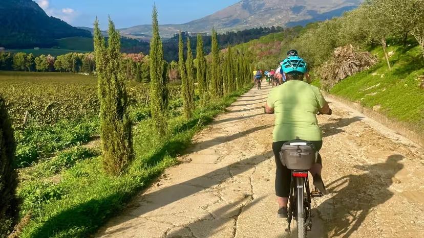 Group of cyclists enjoying an ebike tour on a picturesque path lined with cypress trees near Castellammare del Golfo.