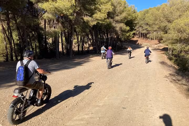 Riders on off-road e-fat bikes on a forest dirt track in Montes de Málaga near Malaga, Spain