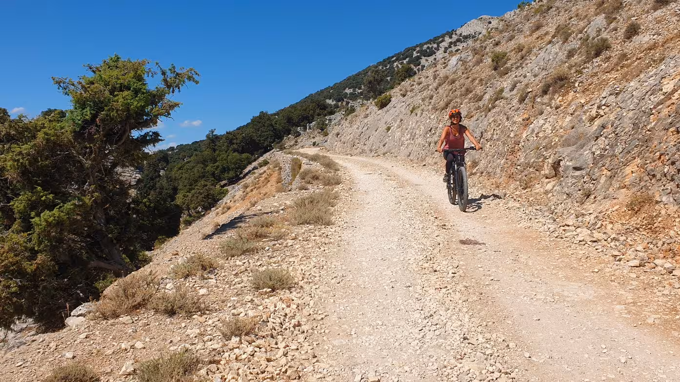 Cyclist navigating a rocky path on an ebike tour in the picturesque Supramonte, Urzulei.