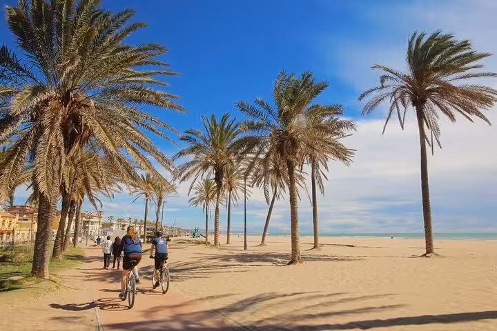 E-bike tour along Valencia beach promenade with palm trees and sea views, Beaches & City of Arts route