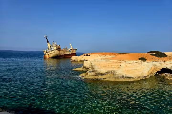 Edro III shipwreck near Sea Caves on Akamas coast, scenic stop on Blue Lagoon bus and boat tour from Paphos