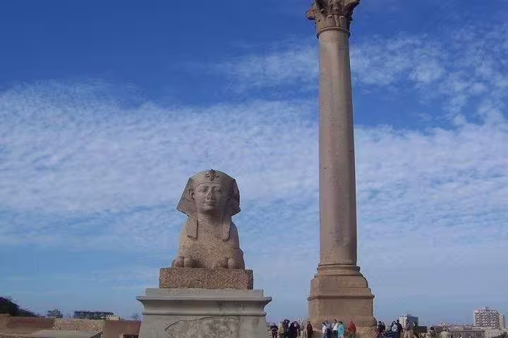 Alexandria waterfront sphinx and Pompey’s Pillar on Cairo to Nile cruise itinerary, 9-day Egypt travel package