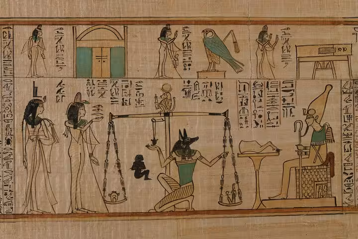 Ancient Egyptian Book of the Dead papyrus with hieroglyphs, cultural highlight on Karnak and Luxor Temple tour