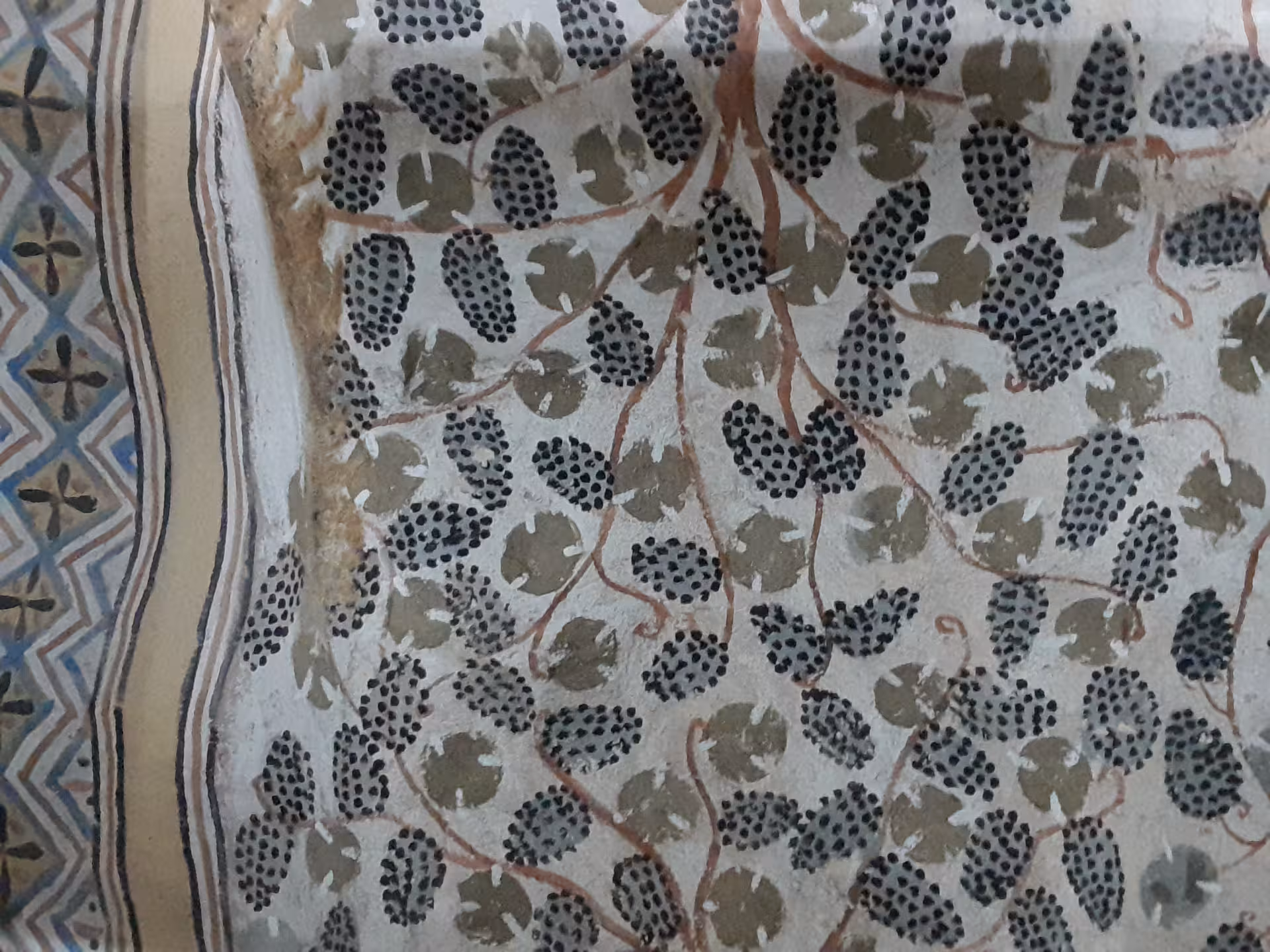 Detailed Egyptian fresco featuring vine and leaf motifs alongside vibrant geometric designs on a historic wall.