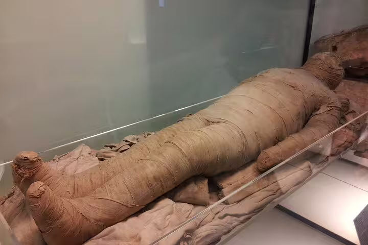 Wrapped ancient Egyptian mummy on display at the Museum of Egyptian Antiques in Cairo private tour