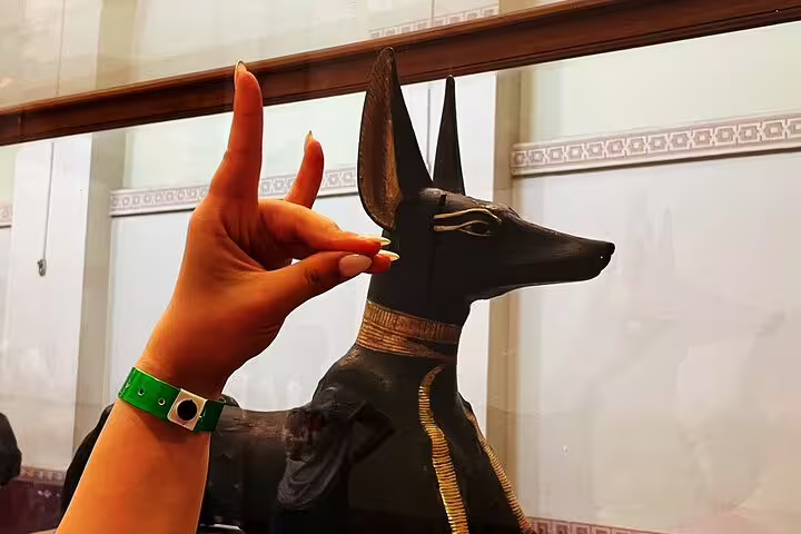 Hand posing beside Anubis jackal statue exhibit at the Egyptian Museum Cairo private guided tour
