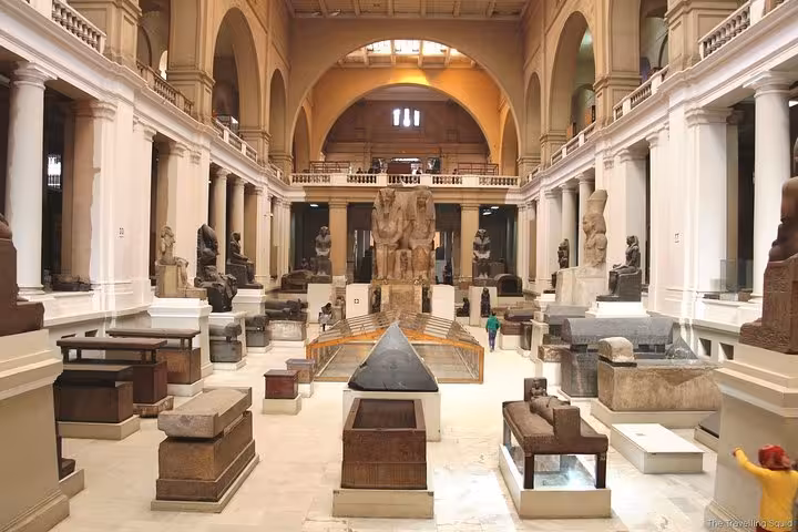Egyptian Museum Cairo gallery with ancient statues, part of Cairo day tour from Hurghada to Egypt highlights