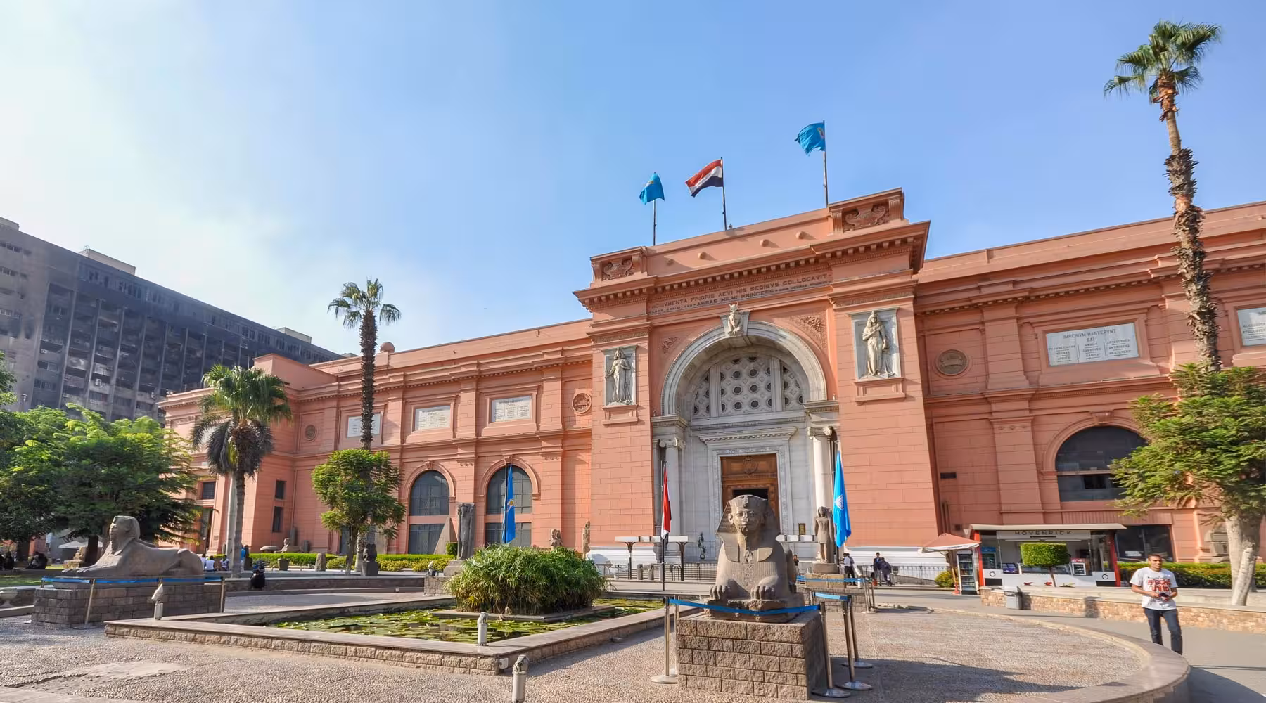Front of the Egyptian Museum in Cairo with sphinx statues, highlight of Giza Pyramids and museum guided tour