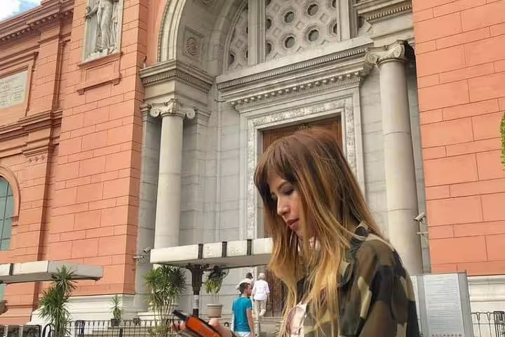 Tourist outside the Egyptian Museum in Cairo, cultural stop on Luxury 8 days Package with Oberoi Philae Nile Cruise