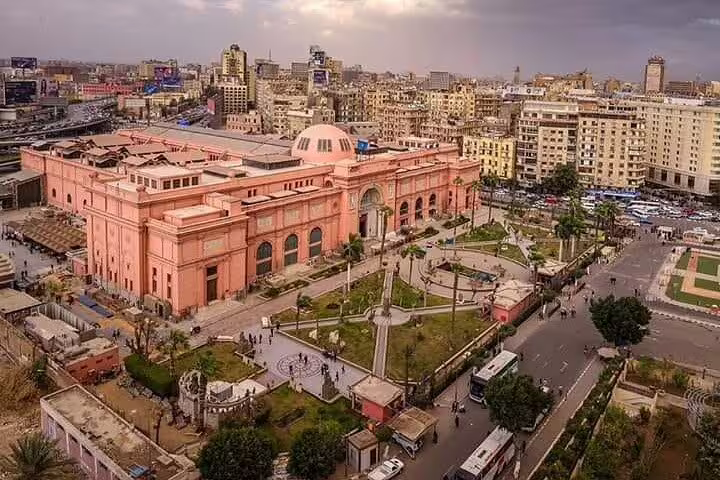 Egyptian Museum in Cairo skyline view, key stop on Pyramids of Giza and Cairo day tour by bus from Sharm