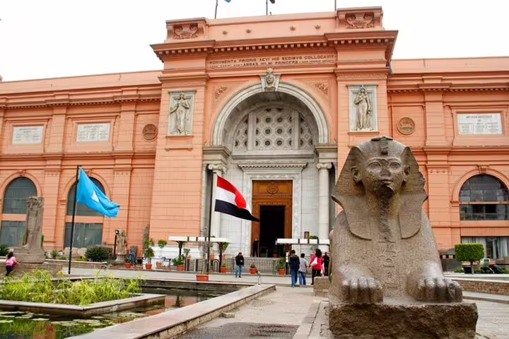 Egyptian Museum Cairo entrance with sphinx statue, highlight of private 2-day Cairo tour itinerary