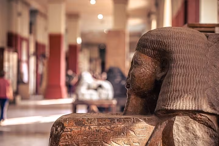 Close-up of pharaonic statue inside Egyptian Museum of Antiquities Cairo, QR ticket skip-the-line tour